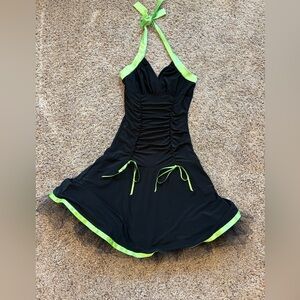 y2k Black and Neon Green Halter Dress
